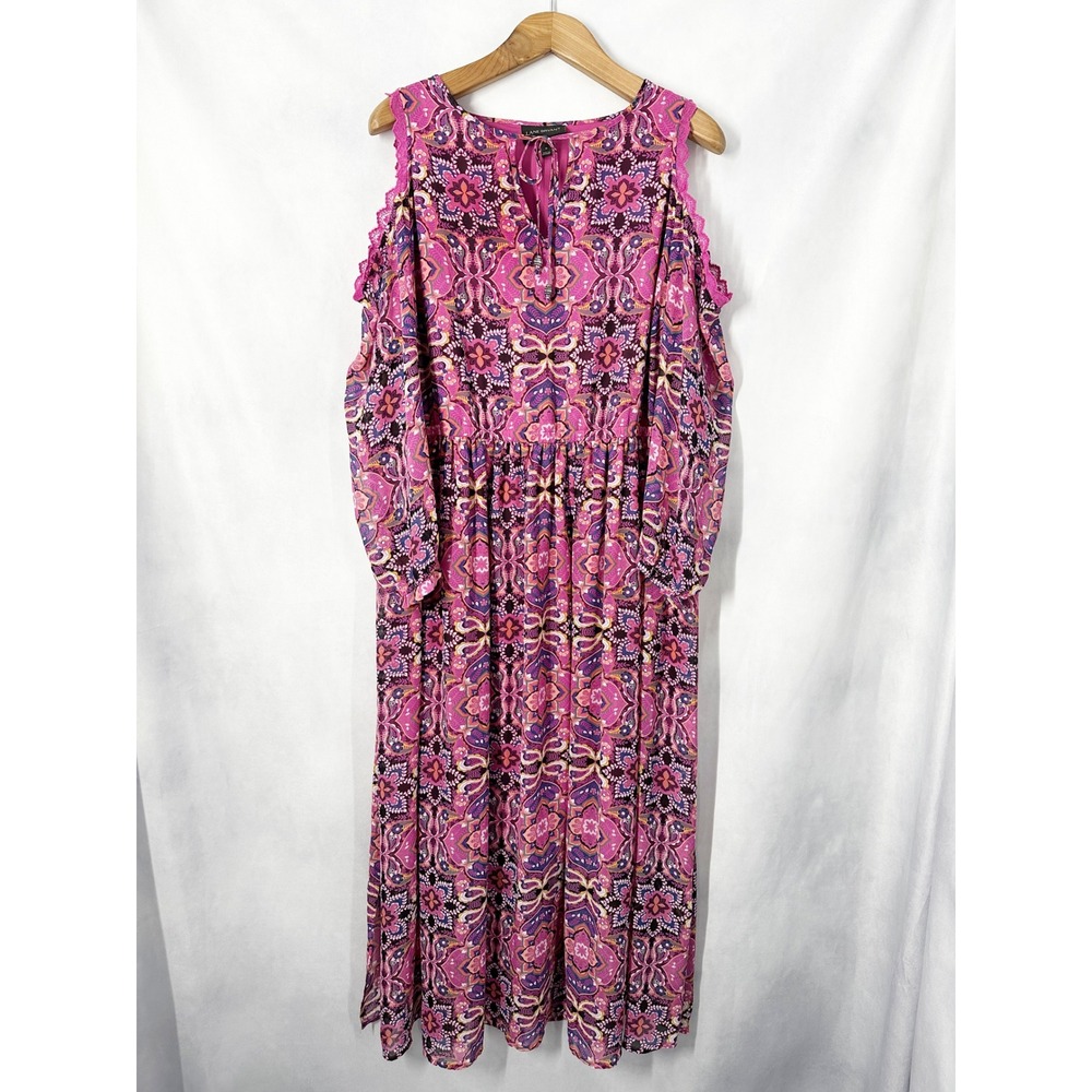 Lane Bryant Cold Shoulder Lace Trim Pink Paisley Maxi Dress Women's Size 18 - Picture 2 of 13